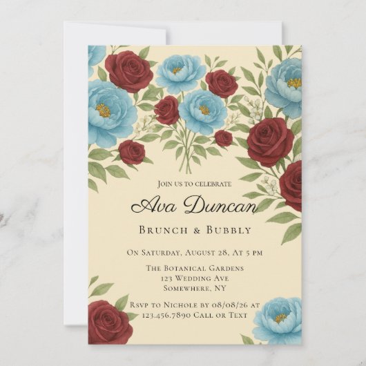 Invitation Lyons Blue Peony & Red Roses Brunch & Bubbly (Devant)
