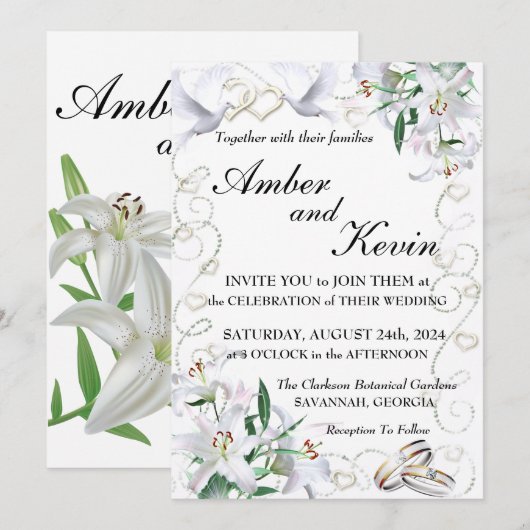 Invitation Lys blancs et colombes (Devant / Derrière)