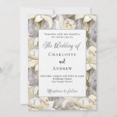 Invitation Lys blancs floraux argent rétro luxe mariage (Devant)