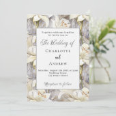 Invitation Lys blancs floraux argent rétro luxe mariage (Debout devant)