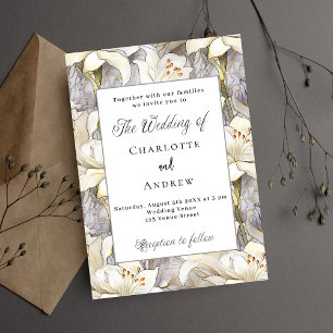 Invitation Lys blancs floraux argent rétro luxe mariage