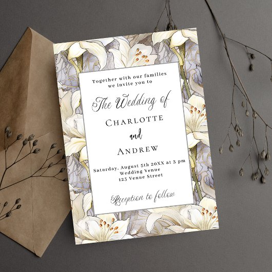 Invitation Lys blancs floraux argent rétro luxe mariage