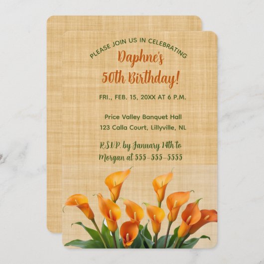 Invitation Lys Calla modifiables sur lin beige (Devant / Derrière)