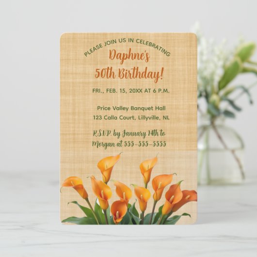 Invitation Lys Calla modifiables sur lin beige (Debout devant)