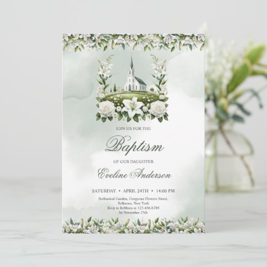 Invitation Lys d'aquarelle de l'Église catholique & Baptême r (Debout devant)