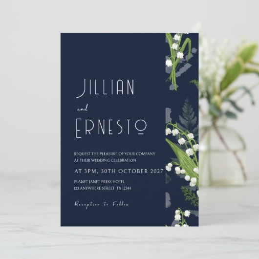 Invitation Lys de la vallée bleu foncé avec bordure florale (Debout devant)
