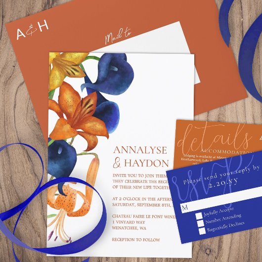 Invitation Lys de tigres orange, Mariage de calla bleu foncé
