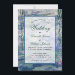 Invitation Lys Floral Water Monet Peinture Élégante Mariage<br><div class="desc">Cette invitation botanique a comme arrière - plan un nénuphar peint par Claude Monet (maintenant dans le domaine public). Le texte est dans un rectangle blanc transparent. L'occasion "Mariage" et les noms sont écrits dans un élégant script calligraphique bleu,  le reste en petits casquettes noirs.</div>