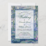 Invitation Lys Floral Water Monet Peinture Élégante Mariage<br><div class="desc">Cette invitation botanique a comme arrière - plan un nénuphar peint par Claude Monet (maintenant dans le domaine public). Le texte est dans un rectangle blanc transparent. L'occasion "Mariage" et les noms sont écrits dans un élégant script calligraphique bleu,  le reste en petits casquettes noirs.</div>