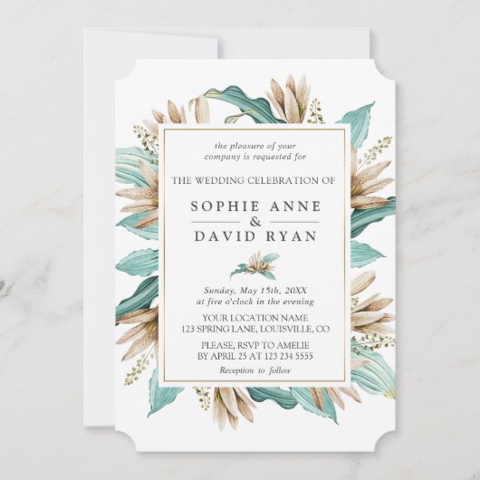 Invitation Lys ivoire Turquoise Fleurs Mariage géométrique (Devant)