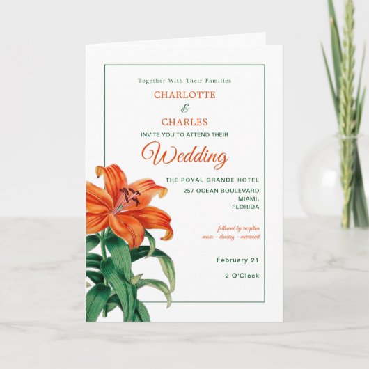 Invitation Lys orange brûlés Mariage floral élégant (Devant)