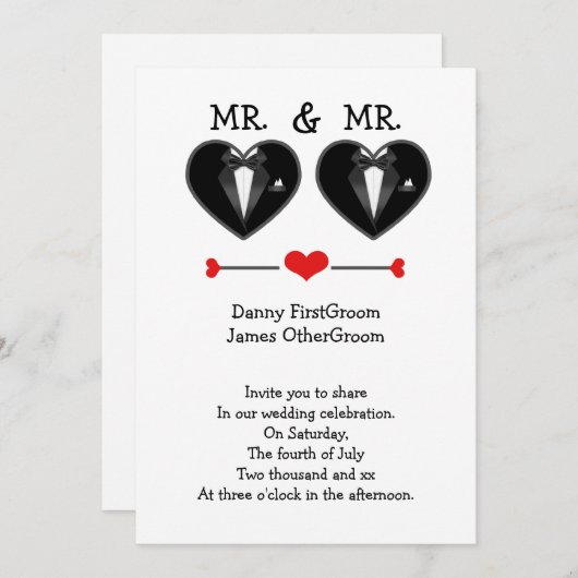 Invitation M. et M. Love Heart Tuxedo Mariage gay (Devant / Derrière)