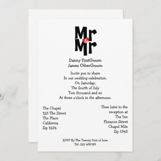Invitation M. Et M. Modern Bold Mariage gay (Devant / Derrière)