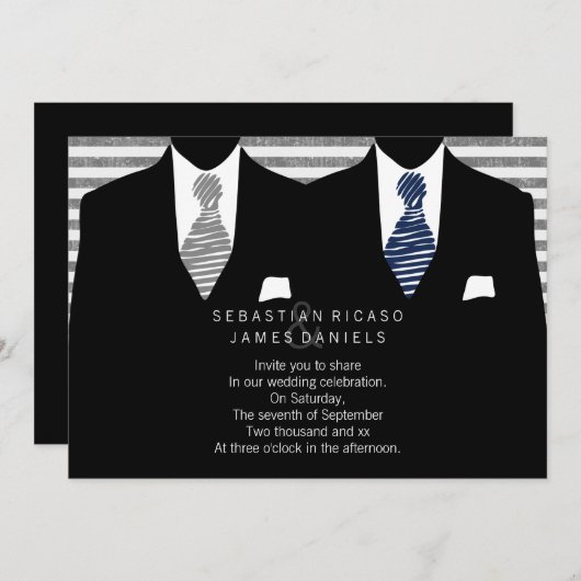 Invitation M. et M. Suit et Cravate (gris / bleu) Mariage gri (Devant / Derrière)