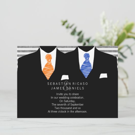 Invitation M. et M. Suit et Cravate (orange / bleu) Mariage g (Debout devant)