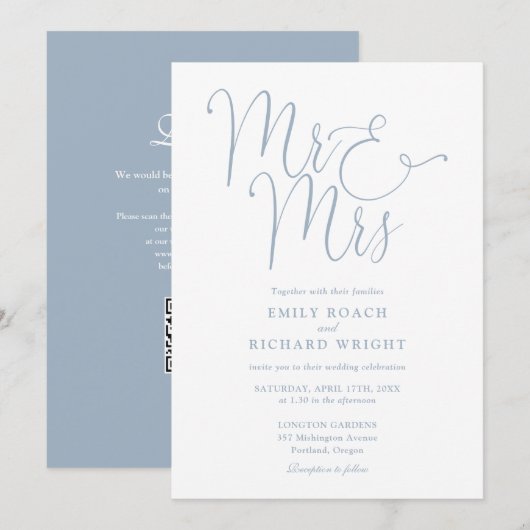 Invitation M. Et Mme Code QR Moderne Dusty Mariage bleu (Devant / Derrière)