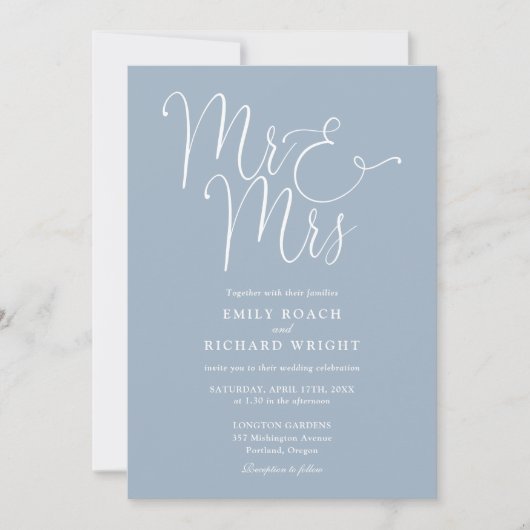 Invitation M. et Mme Code QR Moderne Mariage Bleu Poussiéreux (Devant)