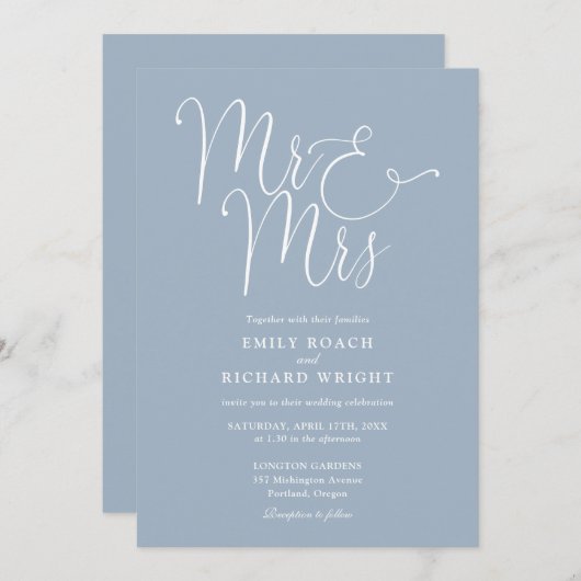 Invitation M. Et Mme Elegant Script Dusty Blue Mariage (Devant / Derrière)