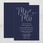 Invitation M. Et Mme Elegant Script Mariage bleu de la Marine (Devant / Derrière)