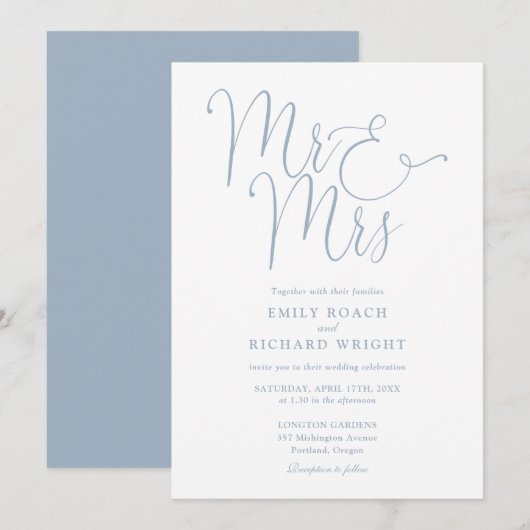 Invitation M. et Mme Elegant Script Mariage Bleu Poussiéreux (Devant / Derrière)