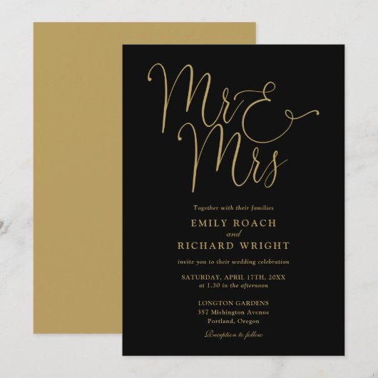 Invitation M. Et Mme Elegant Script Mariage Noir Et Or (Devant / Derrière)