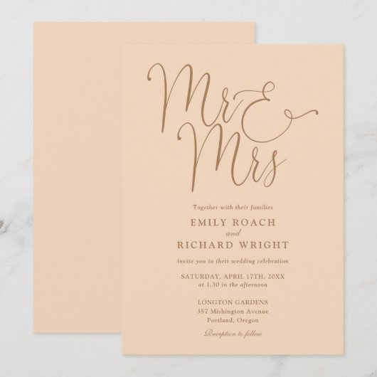 Invitation M. Et Mme Elegant Script Soft Peach Mariage (Devant / Derrière)