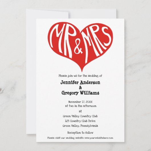 Invitation M. et Mme Mariage en forme de coeur rouge et blanc (Devant)