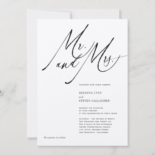 Invitation M. et Mme Moderne Calligraphie noir Mariage blanc (Devant)