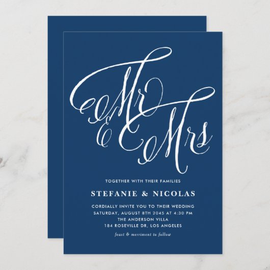 Invitation M. et Mme Rustic Calligraphy Mariage bleu de la ma (Devant / Derrière)