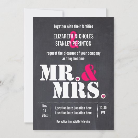 Invitation M. et Mme Typographie moderne mariage rose noir (Devant)