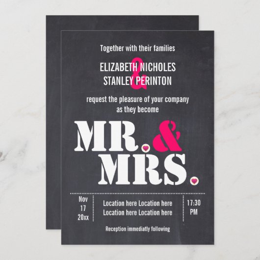 Invitation M. et Mme Typographie moderne mariage rose noir (Devant / Derrière)