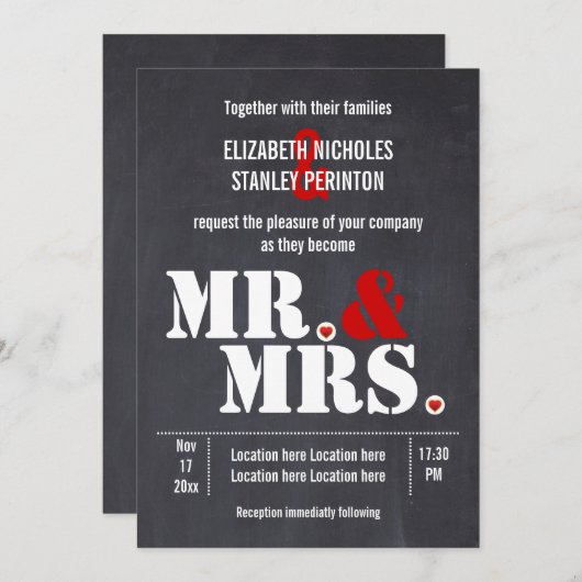 Invitation M. et Mme Typographie moderne mariage rouge noir (Devant / Derrière)