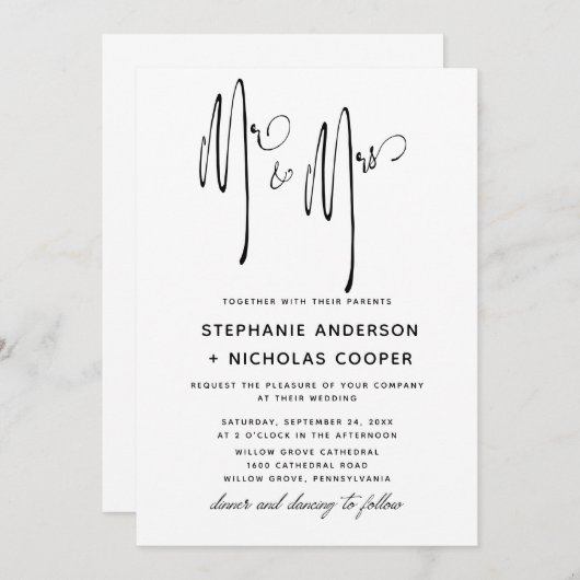 Invitation M. et Mme Typographie Script écriture naturelle I (Devant / Derrière)