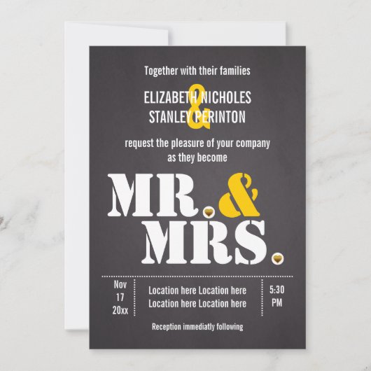 Invitation M. & Mme Typographie moderne noir, mariage jaune (Devant)