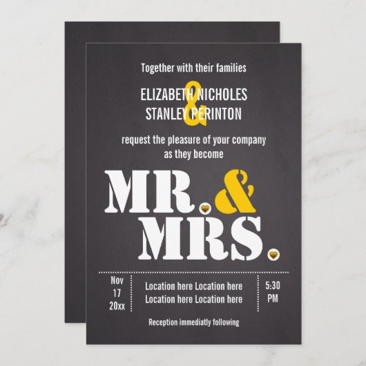 Invitation M. & Mme Typographie moderne noir, mariage jaune (Devant / Derrière)