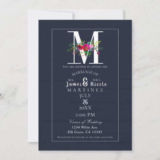 Invitation M Monogramme Dernier initial bleu Floral Mariage (Devant)