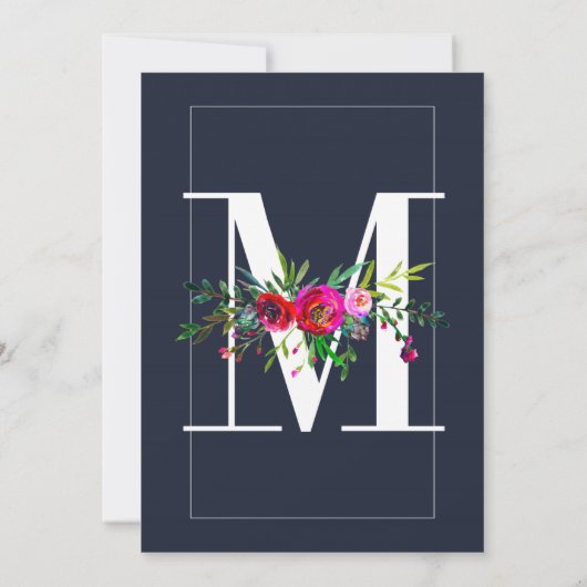 Invitation M Monogramme Dernier initial bleu Floral Mariage (Dos)