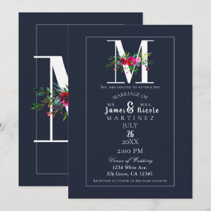 Invitation M Monogramme Dernière Initiale Moderne Bleu Floral
