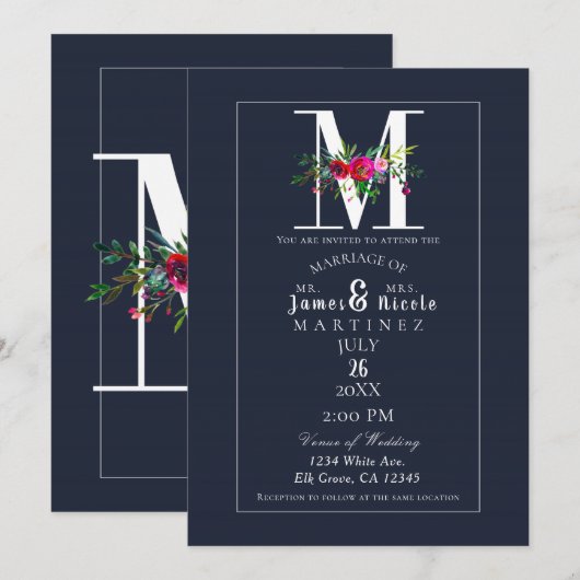 Invitation M Monogramme Dernière Initiale Moderne Fleurs Bleu (Devant / Derrière)