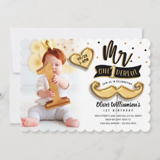Invitation M. One derful Gold Foil Balloon 1er Anniversaire P (Devant)