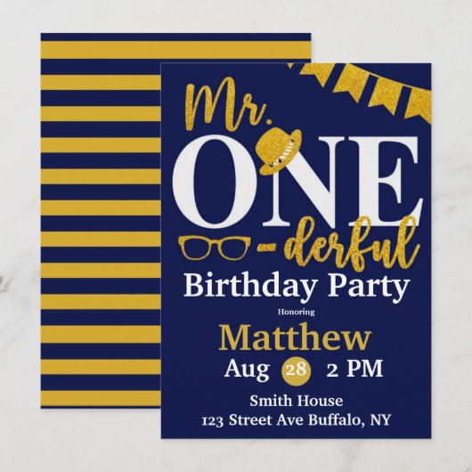 Invitation M. One-derful Navy et Gold Birthday Party (Devant / Derrière)