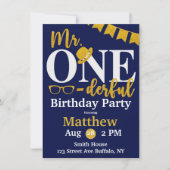 Invitation M. One-derful Navy et Gold Birthday Party (Devant)