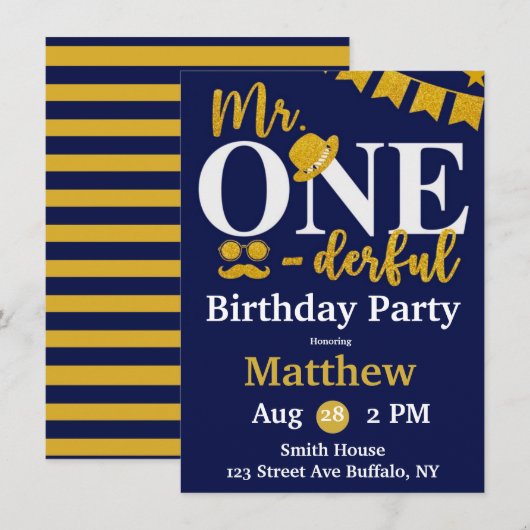 Invitation M. One-derful Navy et Gold Birthday Party Invita (Devant / Derrière)