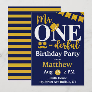 Invitation M. One-derful Navy et Gold Birthday Party Invita