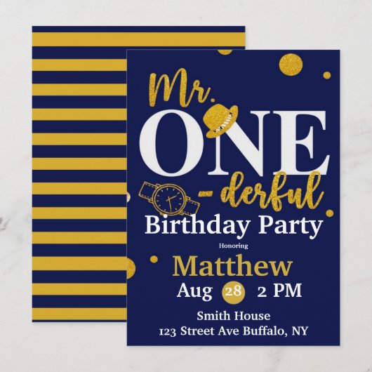 Invitation M. One-derful Navy et Gold Birthday Party Invita (Devant / Derrière)