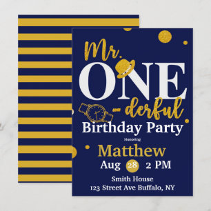 Invitation M. One-derful Navy et Gold Birthday Party Invita