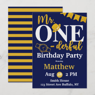 Invitation M. One-derful Navy et Gold Birthday Party Invita