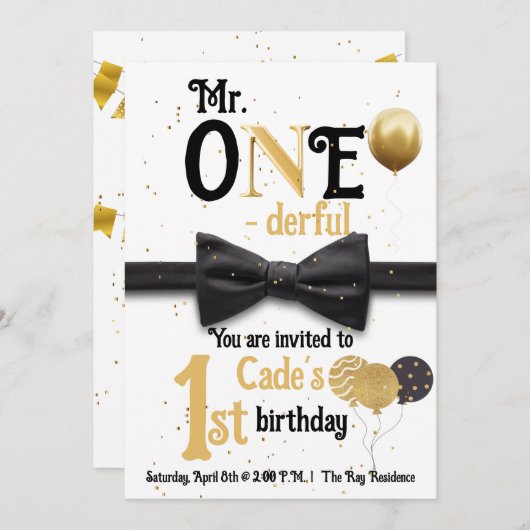 Invitation M. One-derful Noir et or premier anniversaire (Devant / Derrière)