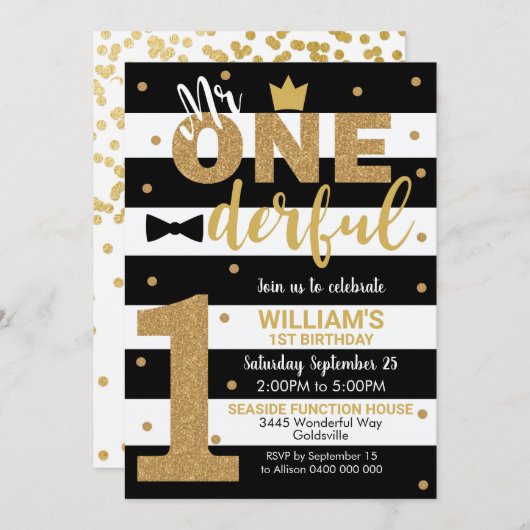 Invitation M. Onederful 1er Anniversaire Garçon (Devant / Derrière)