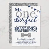 Invitation M. Onederful Birthday Invitation, Blue & Silver (Devant / Derrière)
